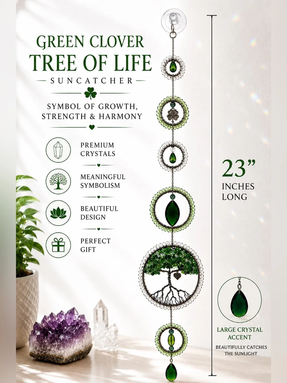Soul Treatz Green Tree of Life Sun Catcher - Green Crystal Wall Decor